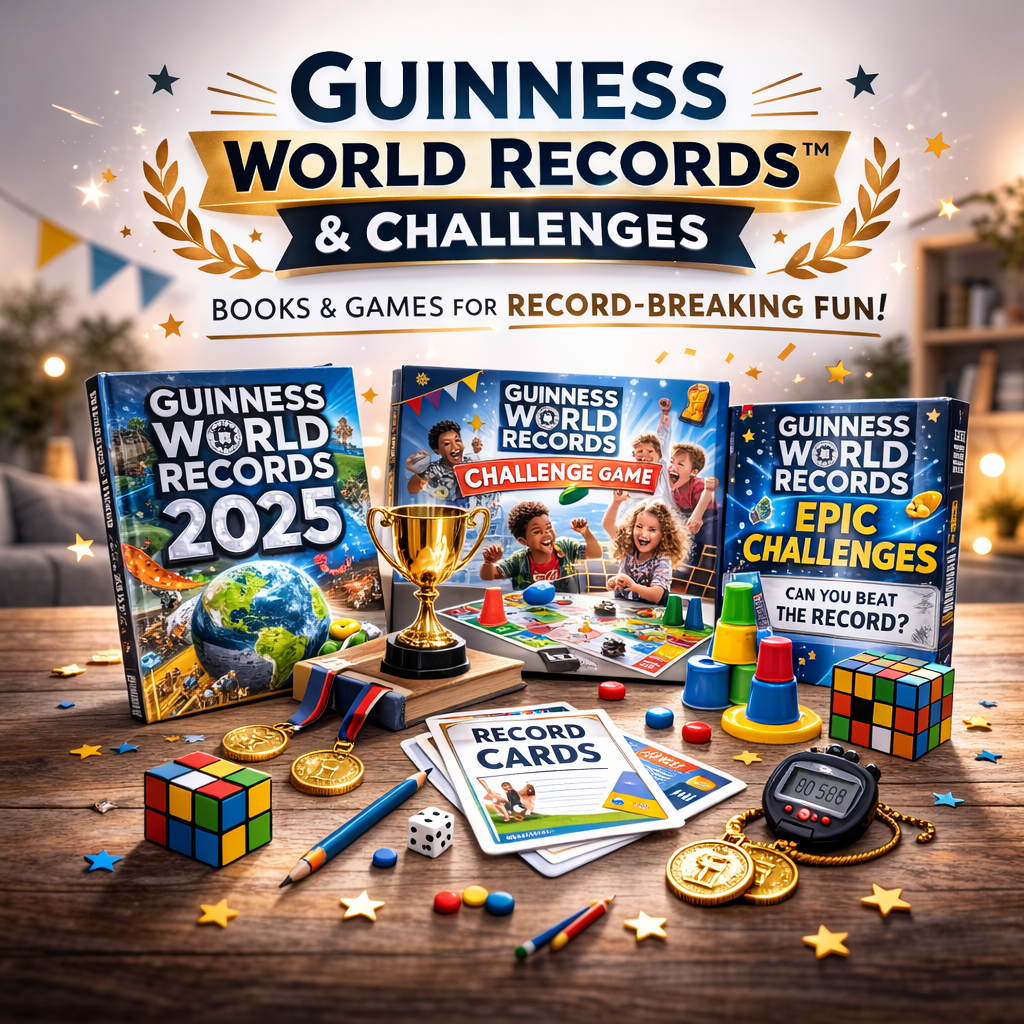 Guinness World Records books and family challenge games with trophy, timer and game pieces on a wooden table