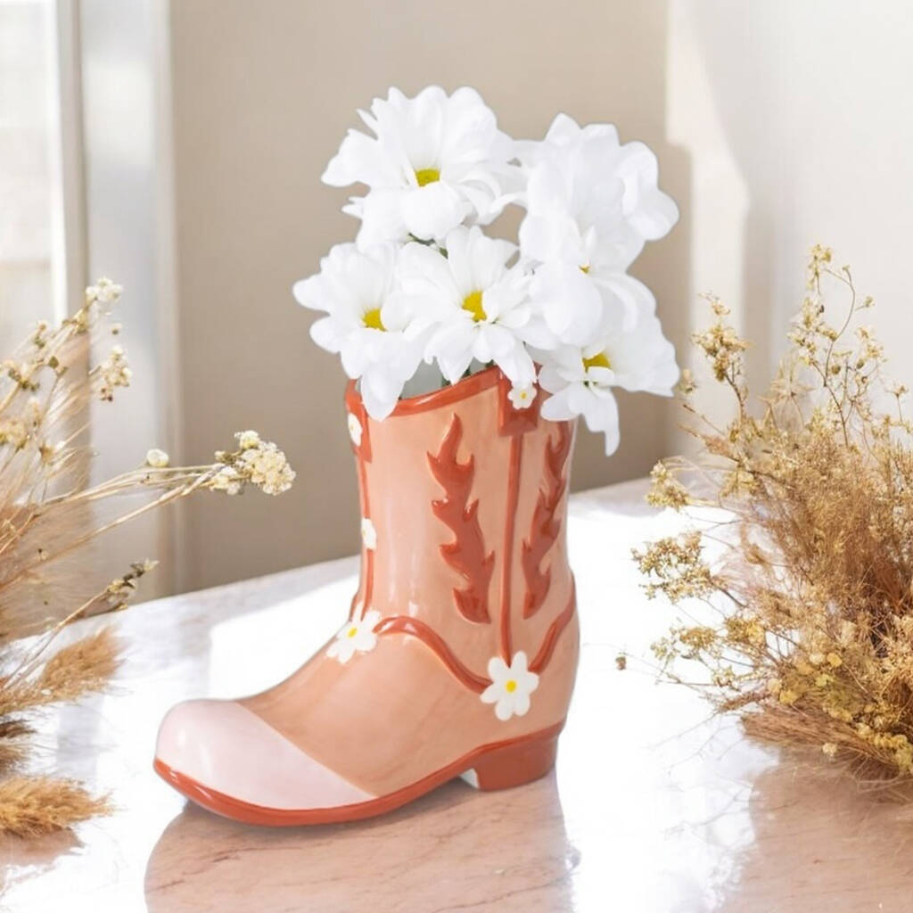 Coral Pink Cowboy Boot Flower Vase, Ideal for Cowgirls at Heart - The Fashion Gift Shop by Jones Home & Gifts