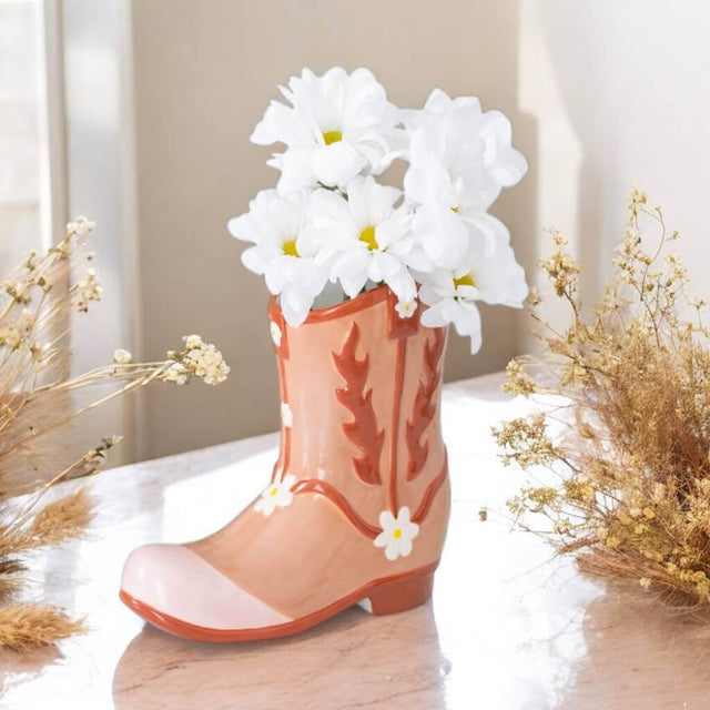 The Fashion Gift Shop: Coral Pink Cowboy Boot Flower Vase, Ideal for Cowgirls at Heart by Jones Home & Gifts, Flower Jugs