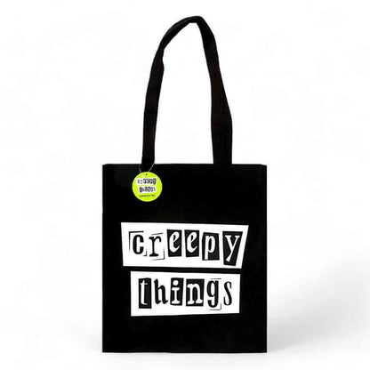 Black polycotton tote bag with 'Creepy Things' graphic on the front panel