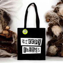Black polycotton tote bag with 'Creepy Things' front graphic and carry handles