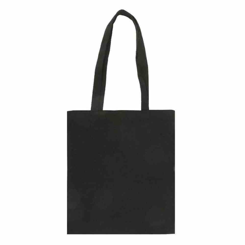 Plain black polycotton tote bag with top carry handles, no visible front print