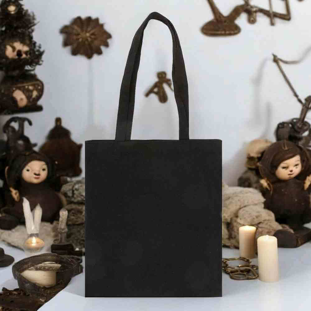 Black polycotton tote bag with vertical 'Creepy Things' logo on the front