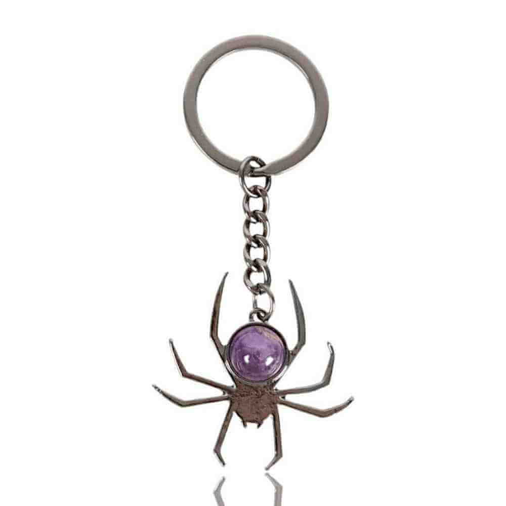 Purple spider keyring with round purple cabochon stone and silver chain
