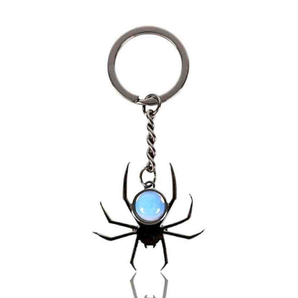 Light-blue spider keyring with round cabochon stone and silver chain