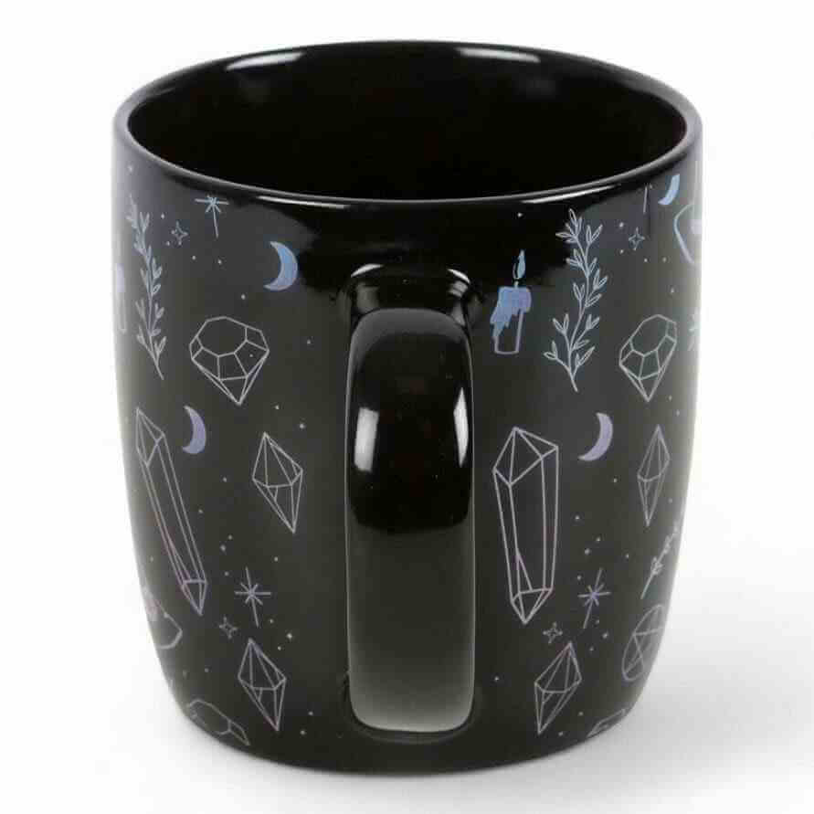 Black ceramic mug with repeating magic icons and potion bottle graphic, 360 ml