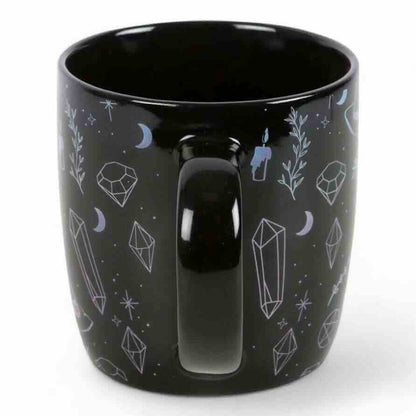 Black ceramic mug with repeating magic icons and potion bottle graphic, 360 ml