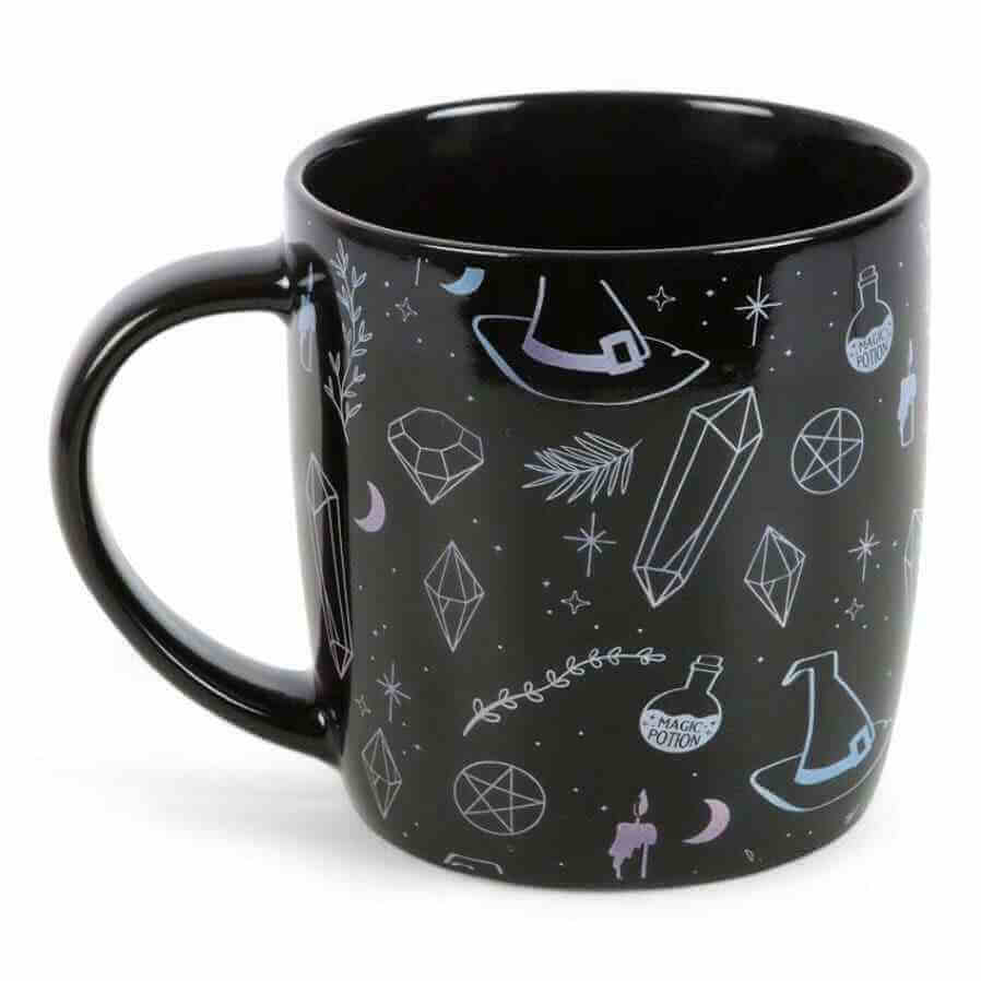 Black ceramic mug with witch hat, crystal and potion symbols, 360 ml