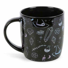 Black ceramic mug with witch hat, crystal and potion symbols, 360 ml