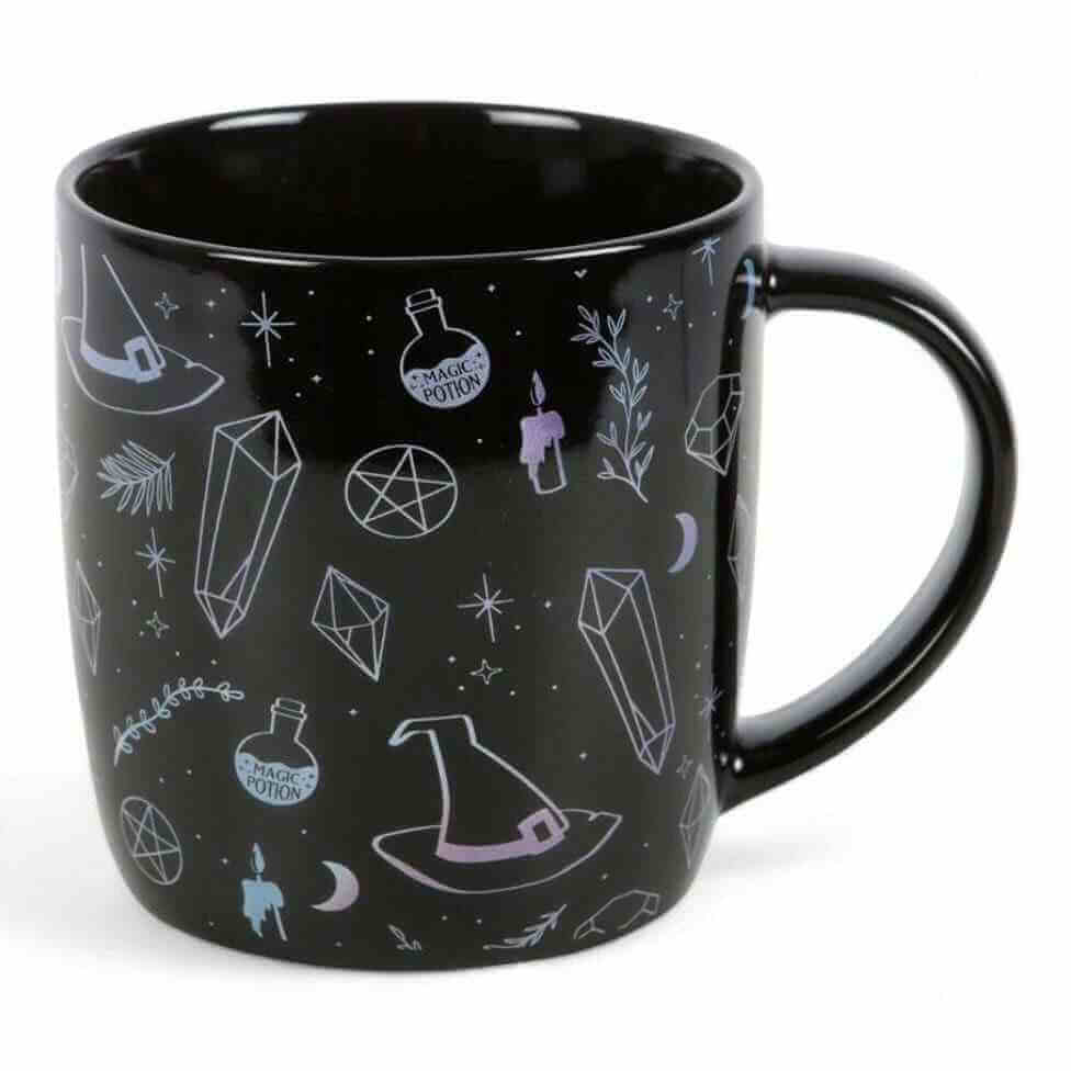Black ceramic mug with Magic Potion logo, witch hat, and crystal icon print, 360 ml