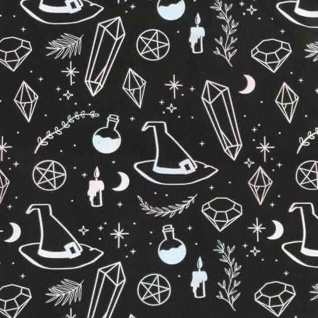 Black polycotton tote bag fabric with white crystals, stars, and potion icons print