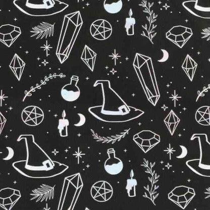 Black polycotton tote bag fabric with white crystals, stars, and potion icons print