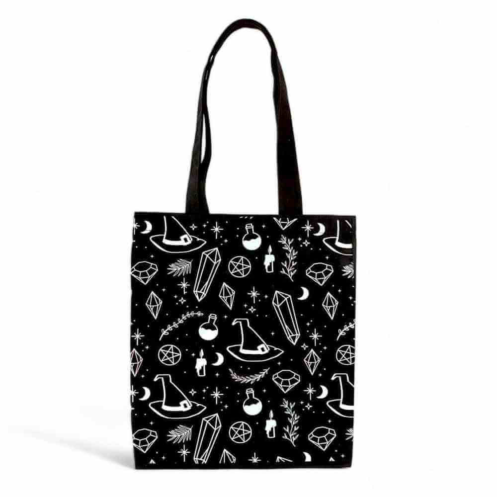 Black polycotton tote bag with white magic symbols pattern and two top handles