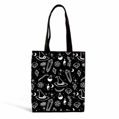 Black polycotton tote bag with white magic symbols pattern and two top handles