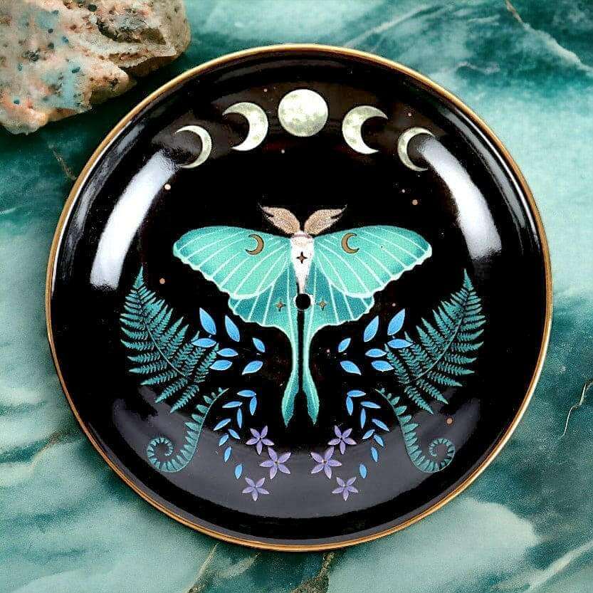 Dark Forest Luna Moth Ceramic Incense Plate Holder 9cm by Spirit of equinox