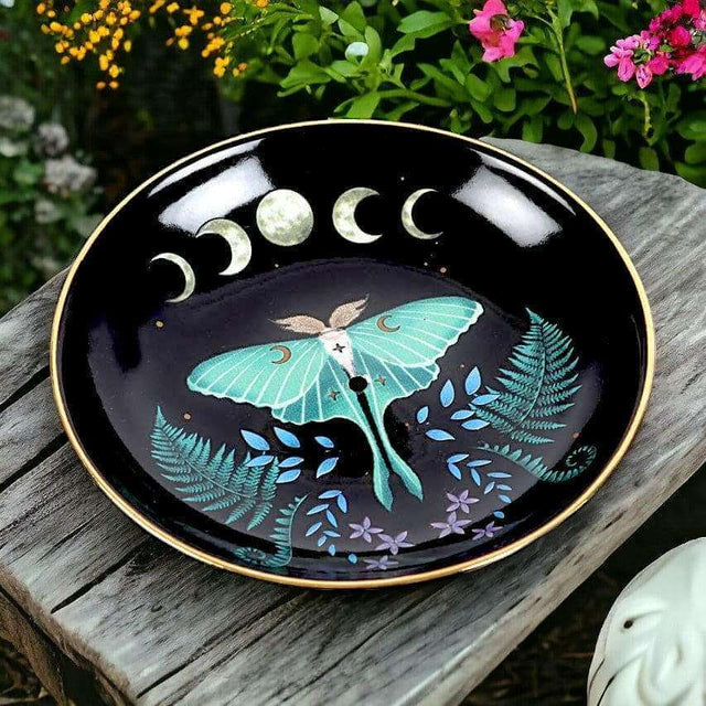 The Fashion Gift Shop: Dark Forest Luna Moth Ceramic Incense Plate Holder 9cm by Spirit of equinox, Incense Holders