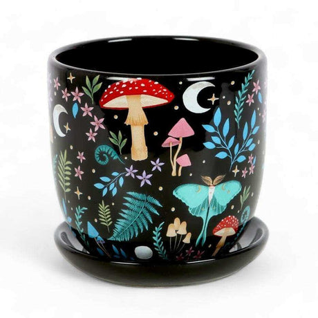 The Fashion Gift Shop: Dark Forest Print Ceramic Plant Pot with Saucer 11cm by Spirit of equinox, Pots and Planters