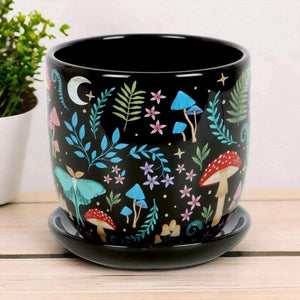 The Fashion Gift Shop: Dark Forest Print Ceramic Plant Pot with Saucer 11cm by Spirit of equinox, Pots and Planters