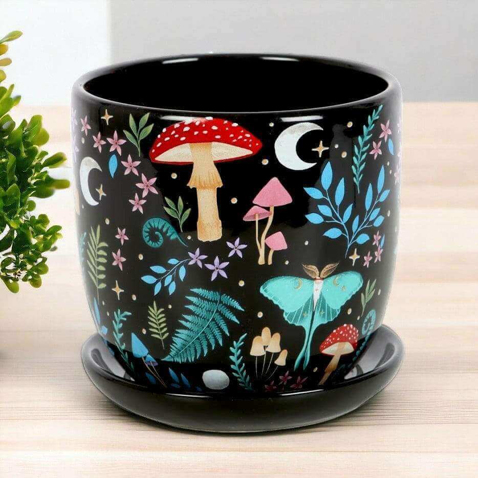 Dark Forest Print Ceramic Plant Pot with Saucer 11cm by Spirit of equinox
