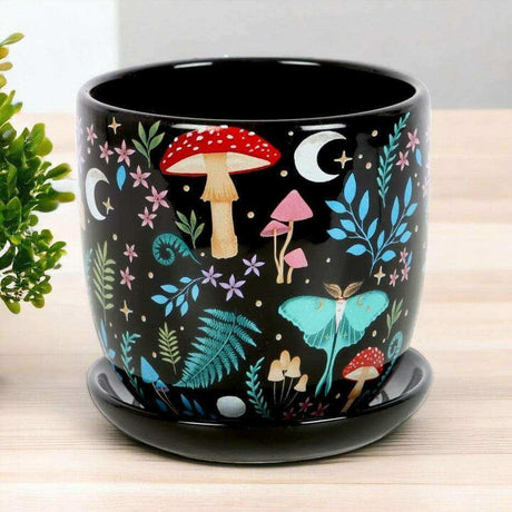 The Fashion Gift Shop: Dark Forest Print Ceramic Plant Pot with Saucer 11cm by Spirit of equinox, Pots and Planters