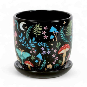 The Fashion Gift Shop: Dark Forest Print Ceramic Plant Pot with Saucer 11cm by Spirit of equinox, Pots and Planters