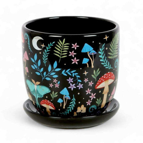 The Fashion Gift Shop: Dark Forest Print Ceramic Plant Pot with Saucer 11cm by Spirit of equinox, Pots and Planters
