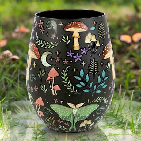 The Fashion Gift Shop: Dark Forest Print Stemless Wine Glass Gin Tumbler 500ml by Spirit of equinox, Stemless Wine Glass