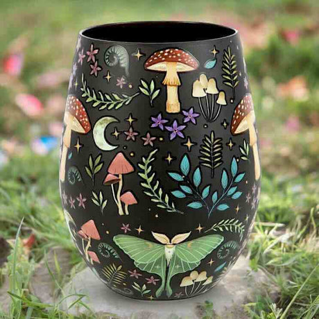 The Fashion Gift Shop: Dark Forest Print Stemless Wine Glass Gin Tumbler 500ml by Spirit of equinox, Stemless Wine Glass