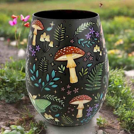 The Fashion Gift Shop: Dark Forest Print Stemless Wine Glass Gin Tumbler 500ml by Spirit of equinox, Stemless Wine Glass