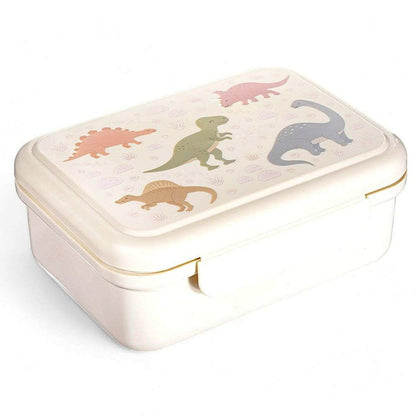 Cream rectangular kids lunch box with dinosaur scene on top and side clasp