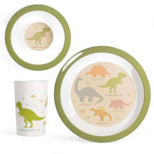 Kids dinosaur tableware set with green-rim plate and matching cup, illustrated with dinos