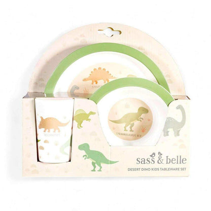 Kids dinosaur tableware set in box, with plate, rimmed bowl, and cup featuring dinos