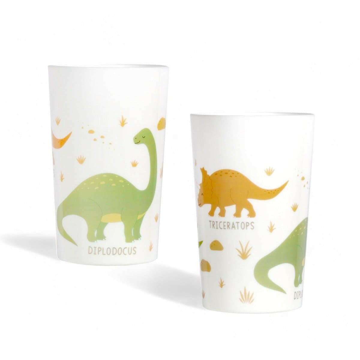 Pair of kids dinosaur cups, white with green and orange dino prints and leaf accents