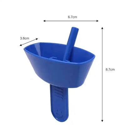 Blue drip-proof ice lolly holder with handle; measurement labels shown