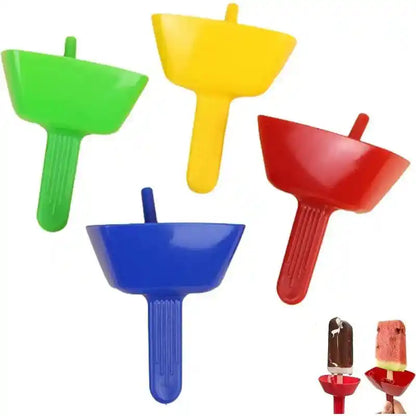 Set of reusable popsicle holders, green, yellow, blue, and red with stick slots