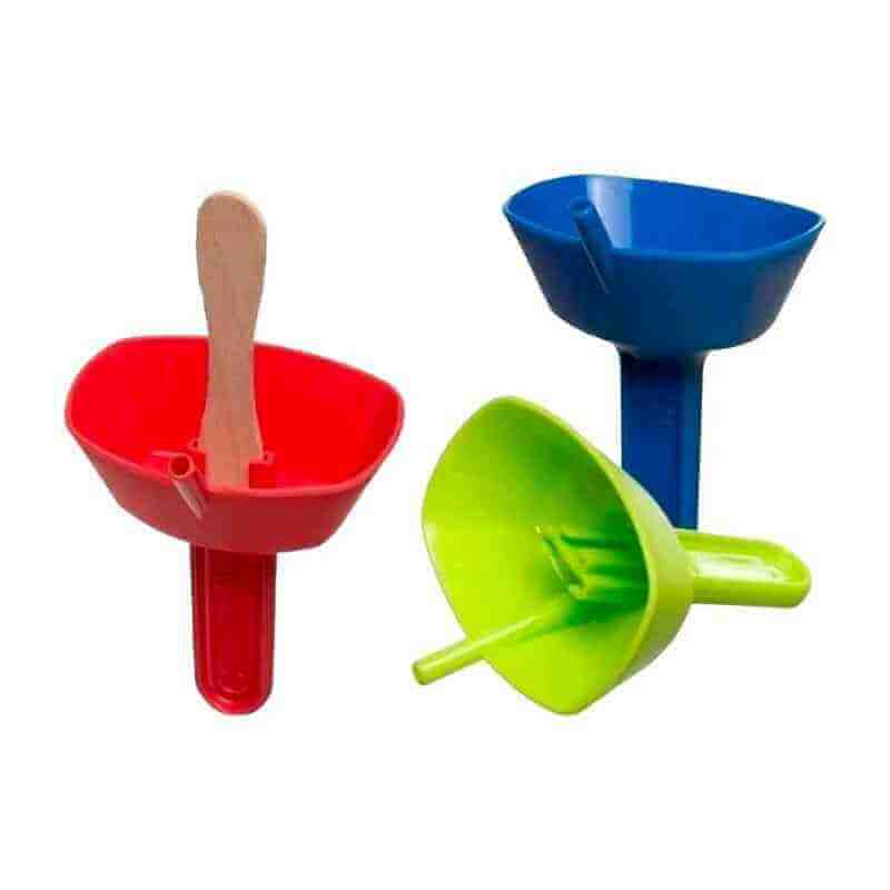 Set of drip-proof ice lolly holders: red, blue, and green with wooden sticks