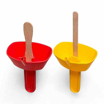 Red and yellow drip-proof ice lolly holders with wooden sticks in place