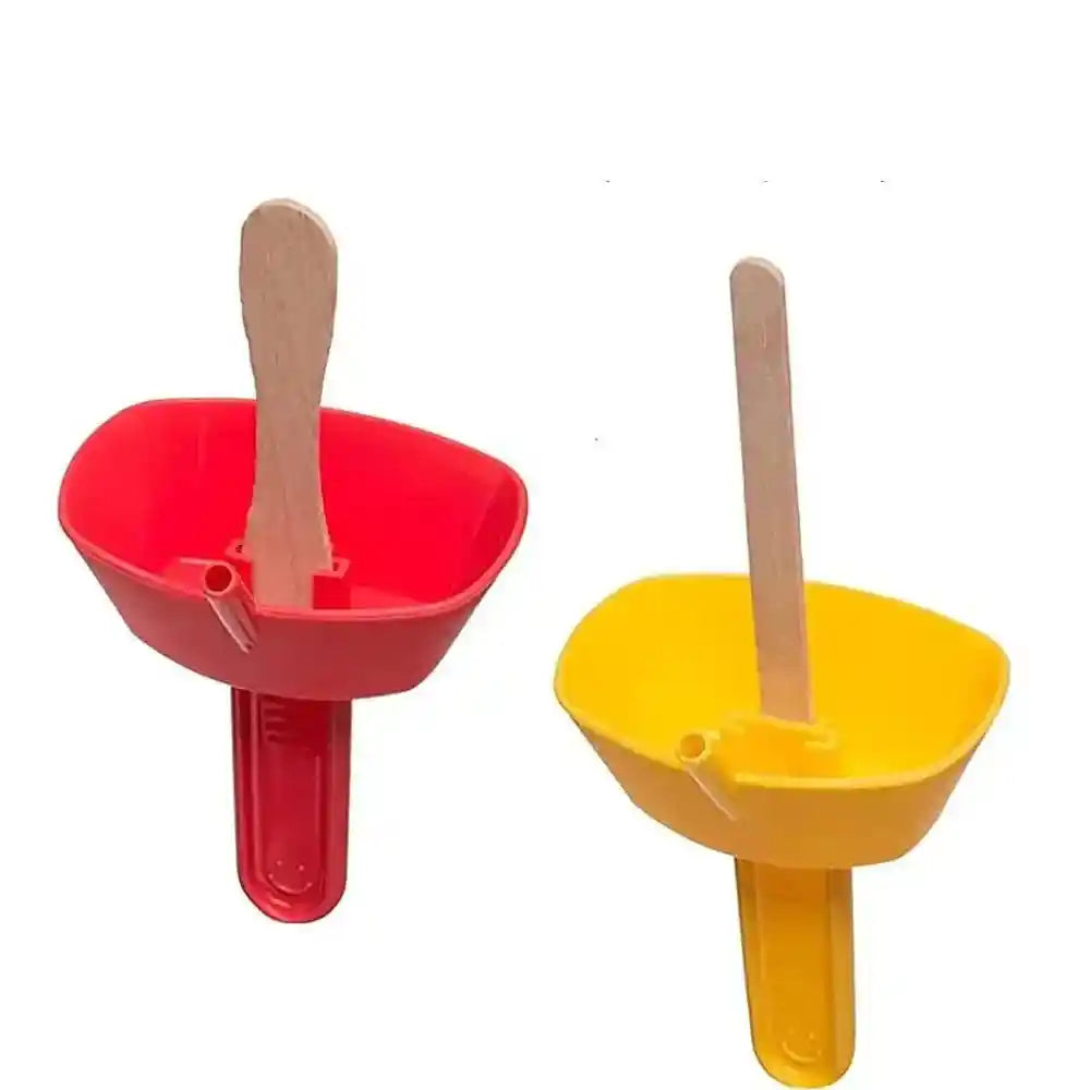 Red and yellow reusable popsicle holders with upright stick pegs