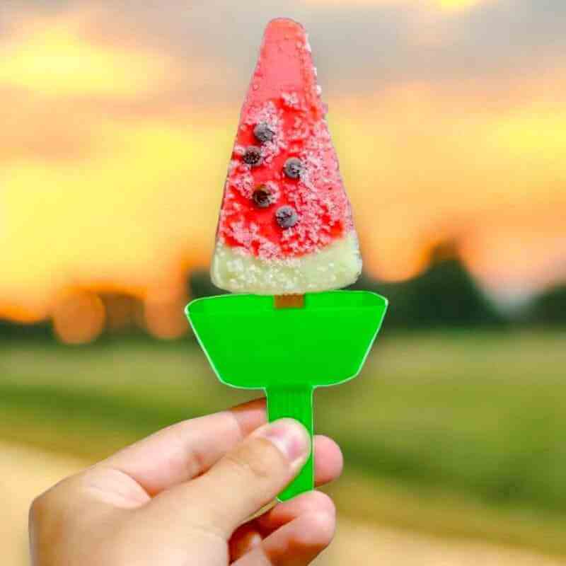 Green drip-proof ice lolly holder with a red berry ice pop on top