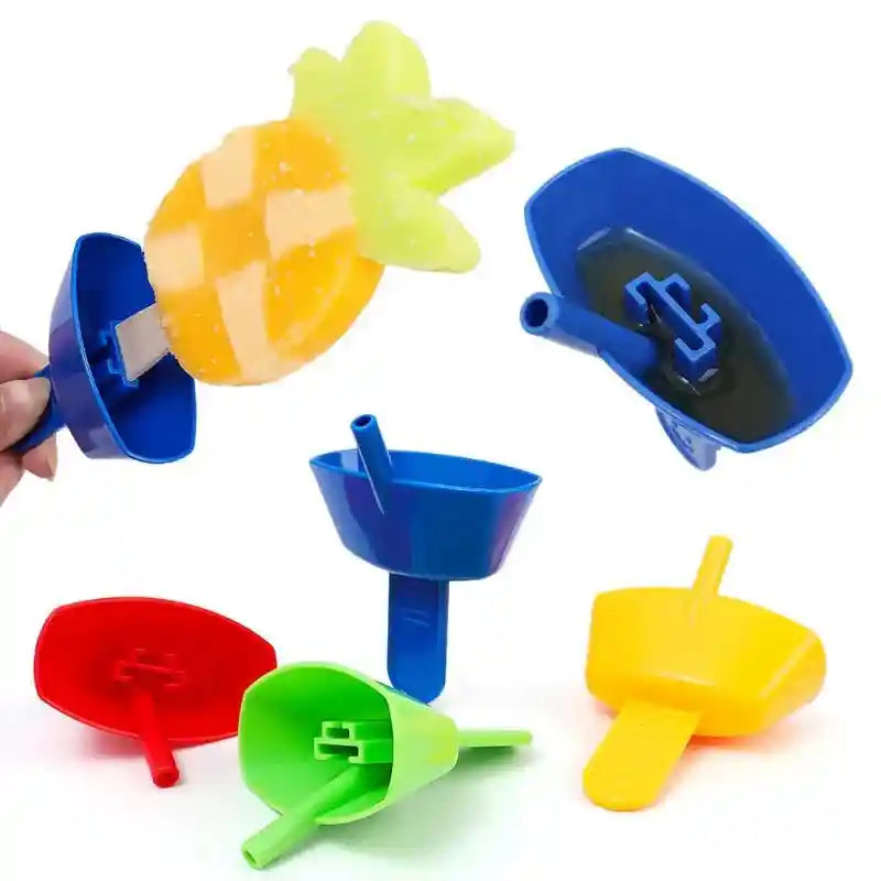 Blue reusable ice lolly holder with a yellow ice pop and assorted colored holders
