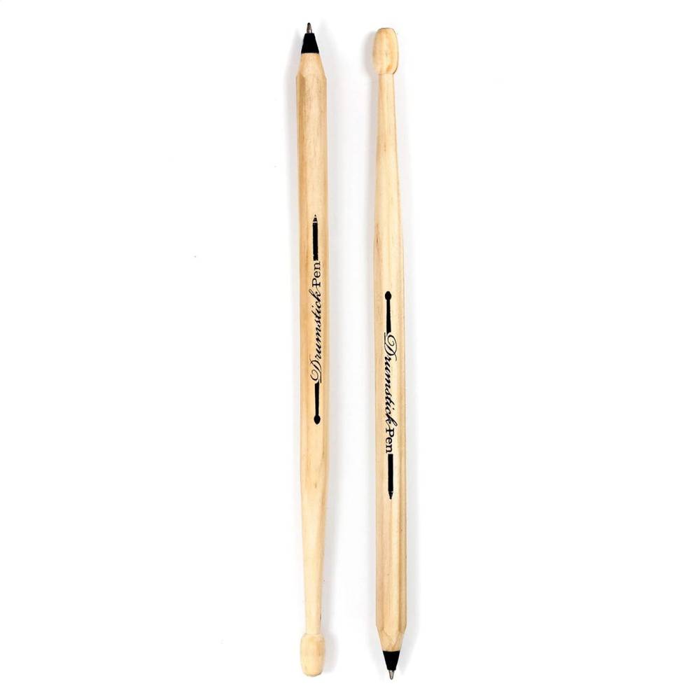 Drumstick pen set of 2, side view with black ink tips and engraved drumstick-style design