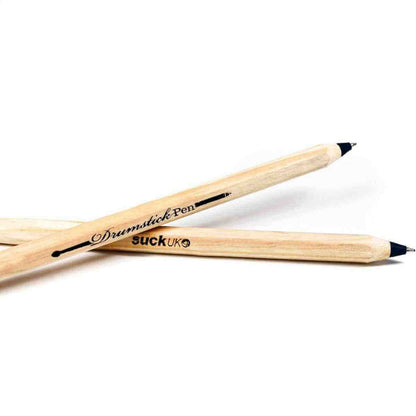 Drumstick pens set of 2 with black ink tips, light wood bodies shown in close view