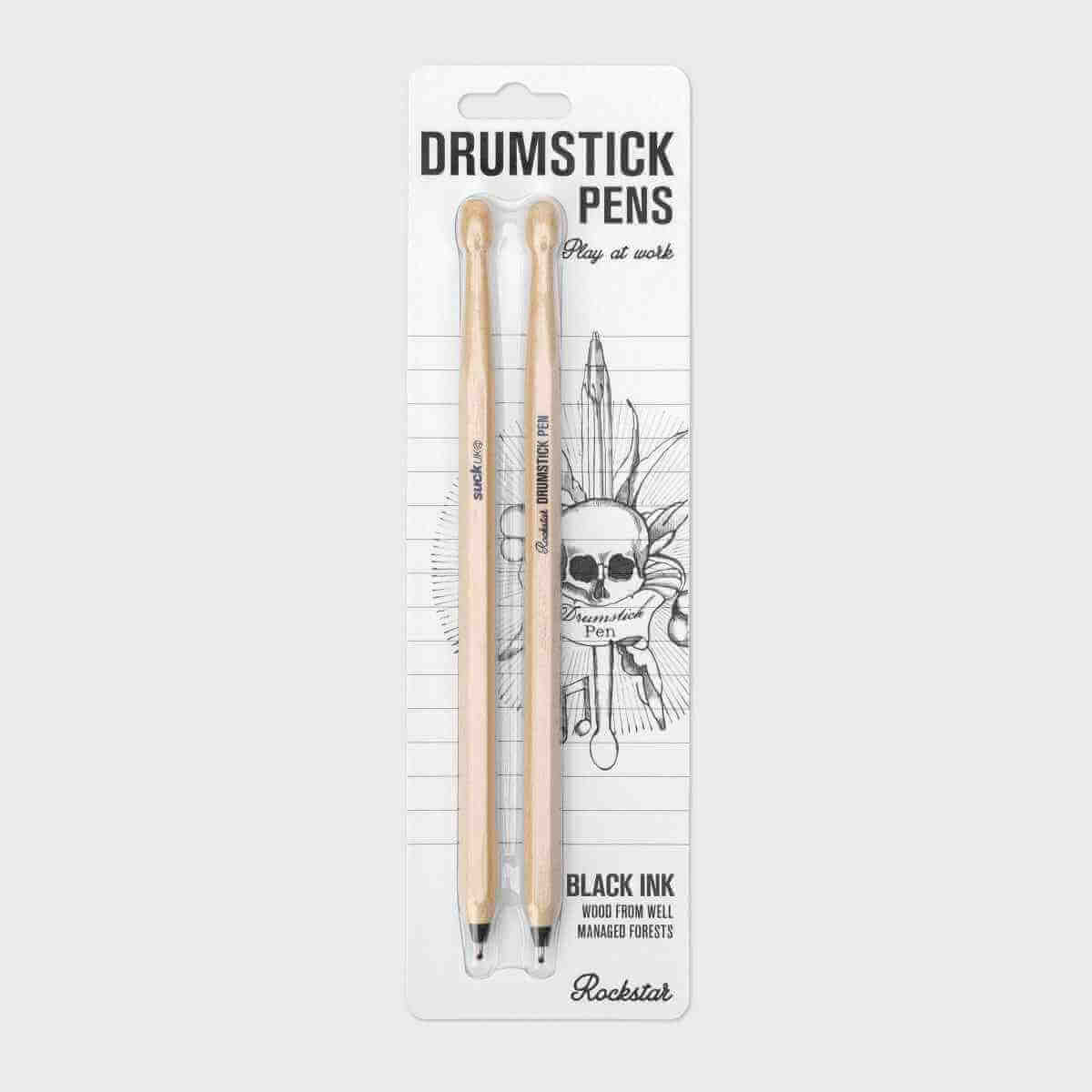 Drumstick pen set of 2 pens with black ink, wood drumstick-style design on package