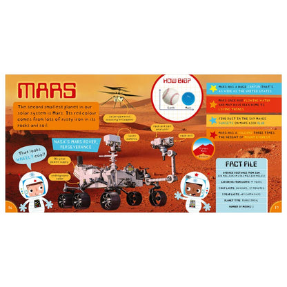 Open space book page about Mars with rover illustration and planet fact labels