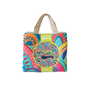 Reusable shopping bag with rainbow dachshund art, cream handles, front tag reading SHOPPING BAG
