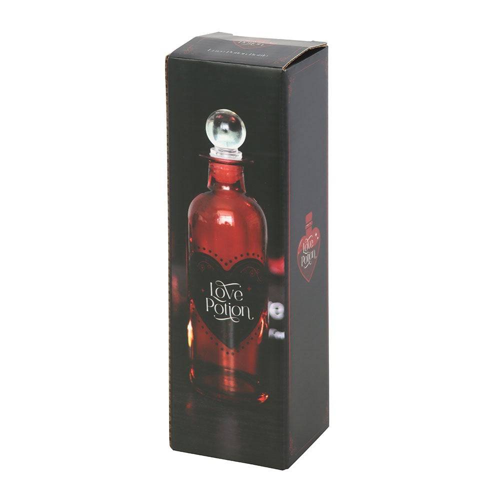 Love potion bottle gift box, black packaging with red bottle and heart logo