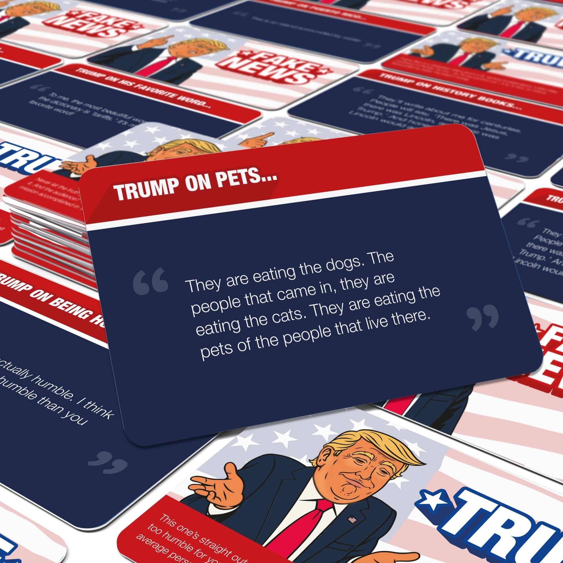 Stack of Trump News Game cards with navy card reading TRUMP ON PETS...