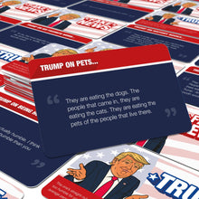 Stack of Trump News Game cards with navy card reading TRUMP ON PETS...
