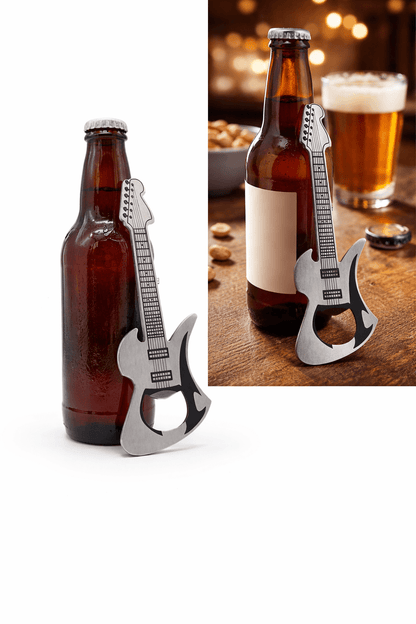 Brushed stainless steel guitar bottle opener standing beside beer bottles.