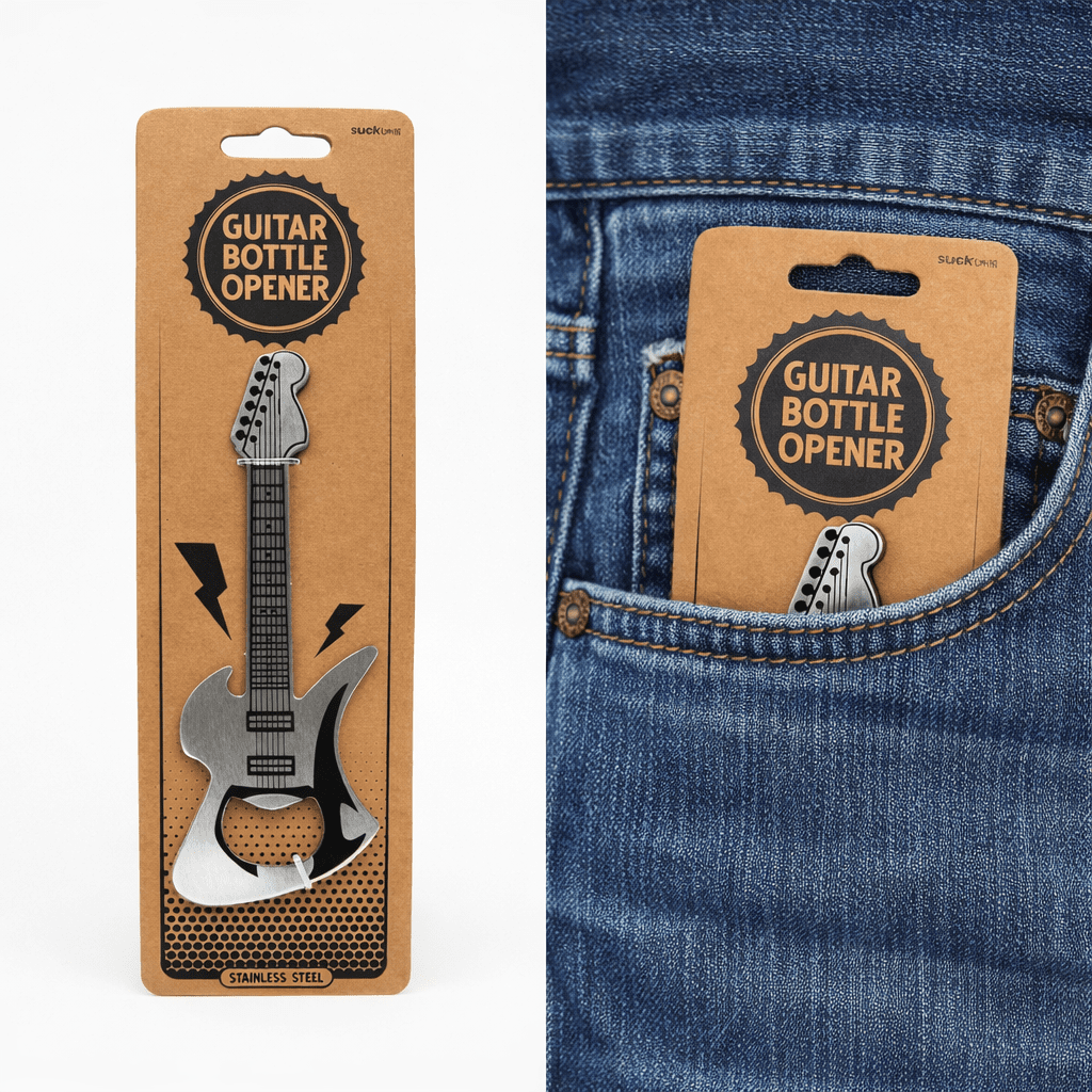 Guitar bottle opener retail package card on a denim jacket pocket